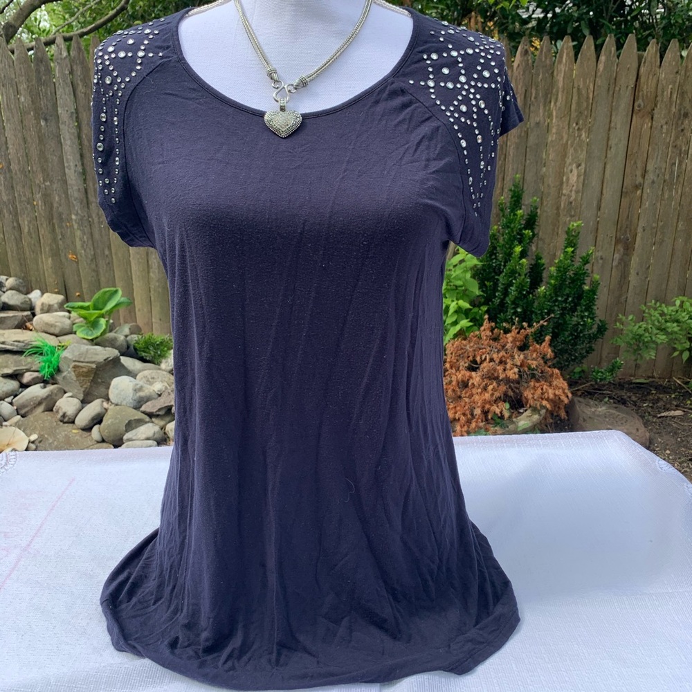 Navy blue embellished tee large very soft NWOT
